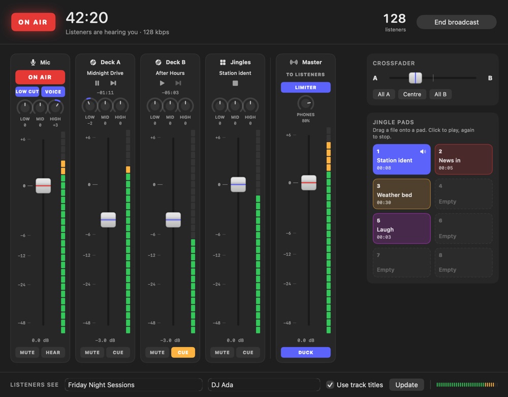 The mixer: channel strips for the microphone, two decks, jingles and master, with EQ knobs, faders, meters and eight jingle pads.