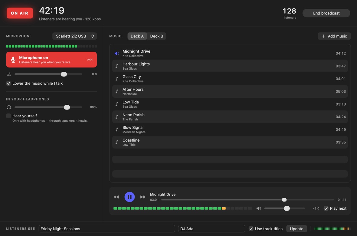 The Wrencast Mac app on air: a microphone panel with its level meter, and a music deck playing Midnight Drive.